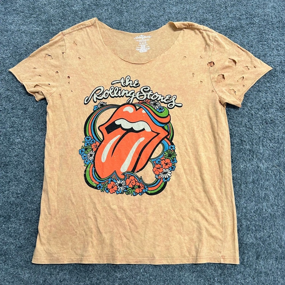 The Rolling Stones T-Shirt Womens Size S Orange Distressed Ripped Graphic Rock